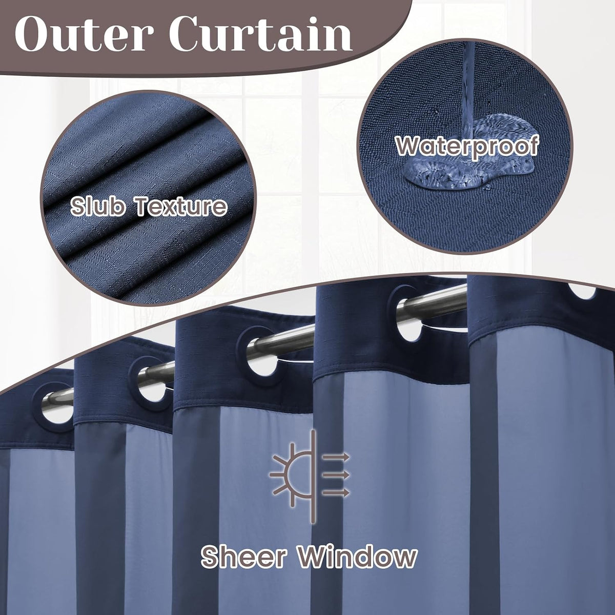 Ringless Slub Shower Curtain with Snap in Liner, 71x74, Black - Colors B
