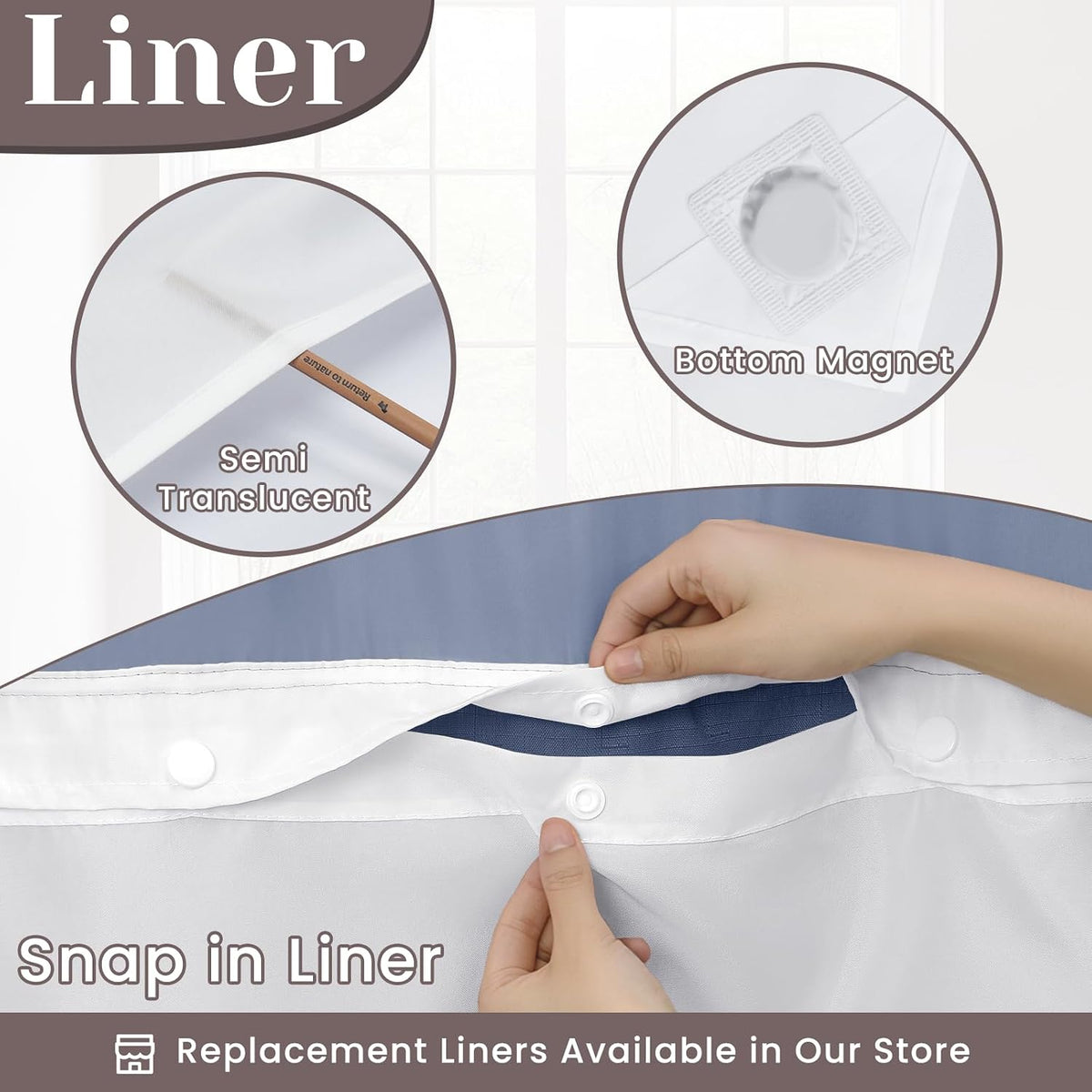Ringless Slub Shower Curtain with Snap in Liner, 71x74, Black - Colors B