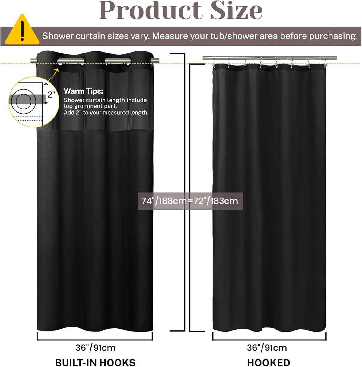 Ringless Slub Shower Curtain with Snap in Liner, 71x74, Black - Colors B