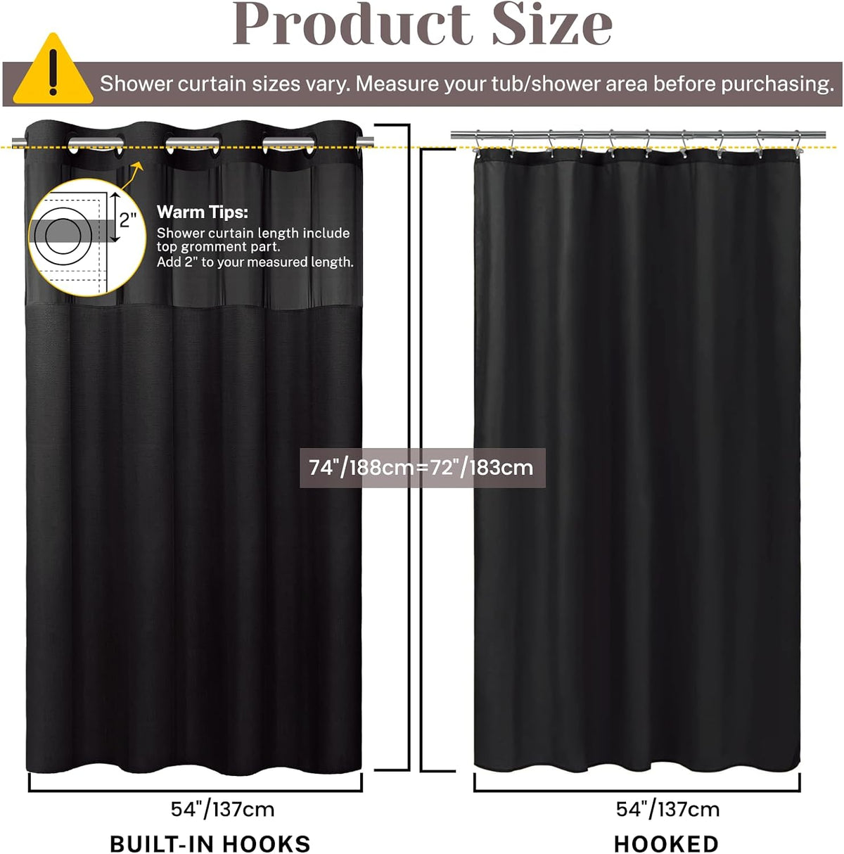 Ringless Slub Shower Curtain with Snap in Liner, 71x74, Black - Colors B