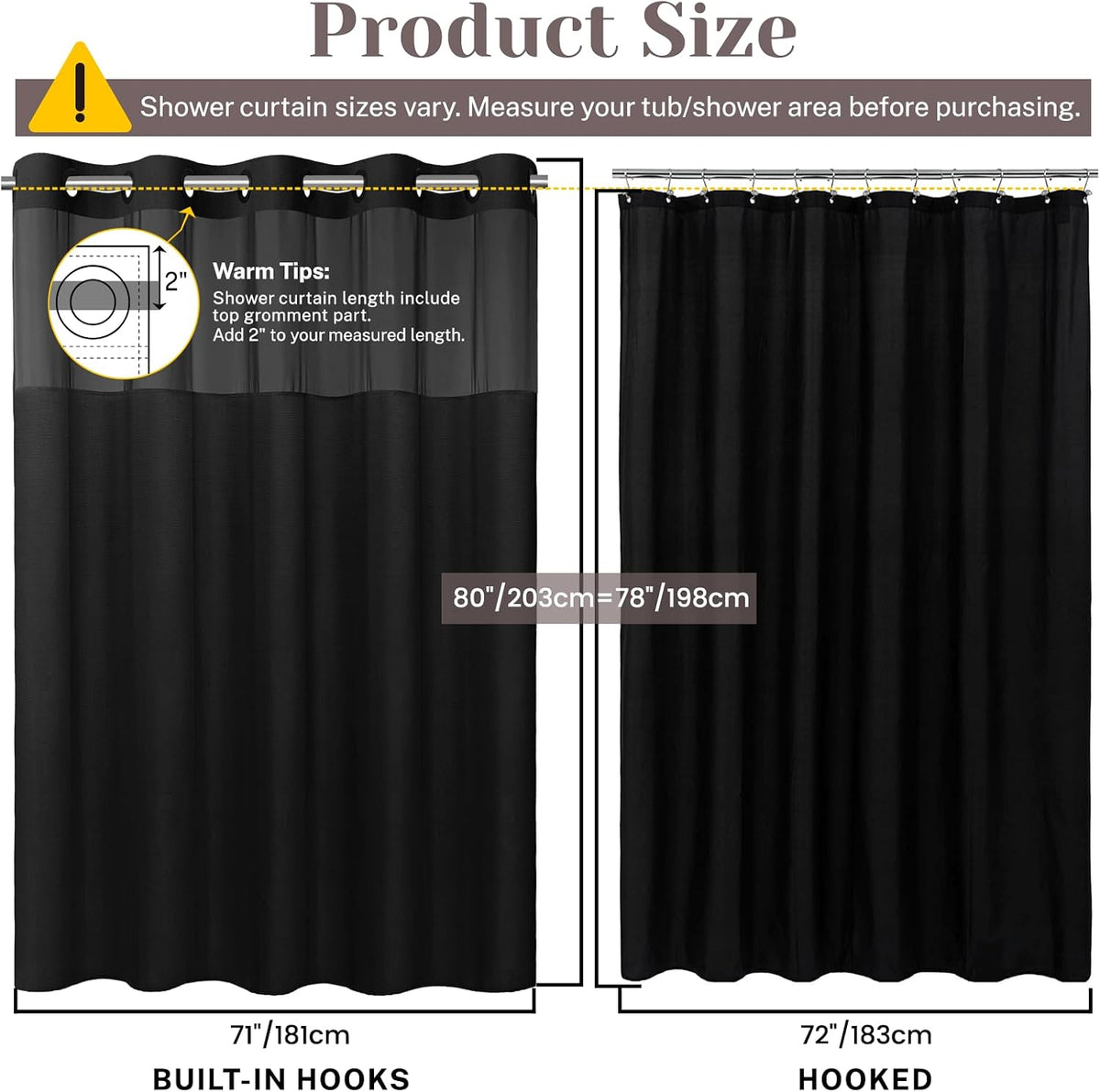 Ringless Slub Shower Curtain with Snap in Liner, 71x74, Black - Colors B