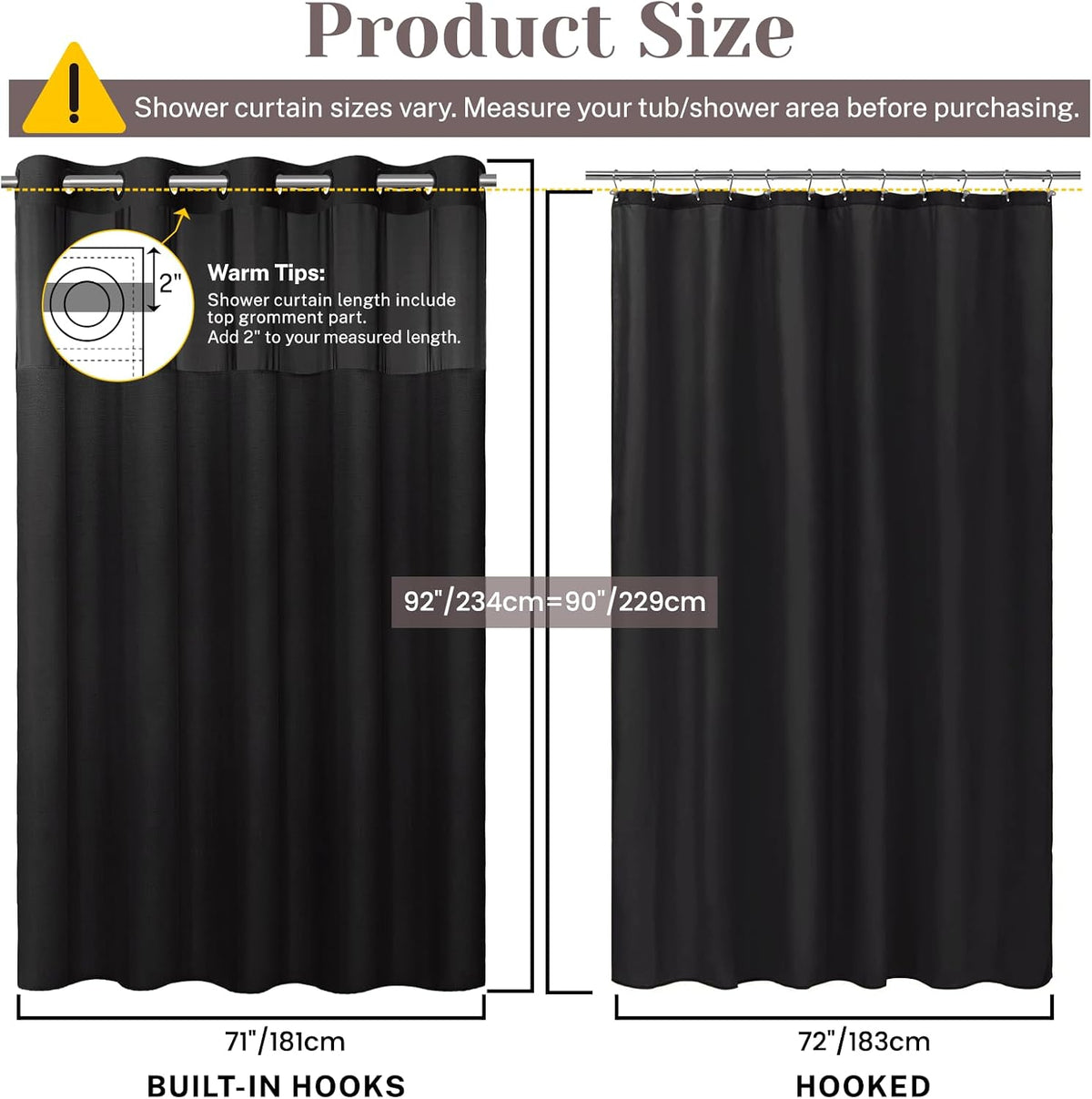 Ringless Slub Shower Curtain with Snap in Liner, 71x74, Black - Colors B