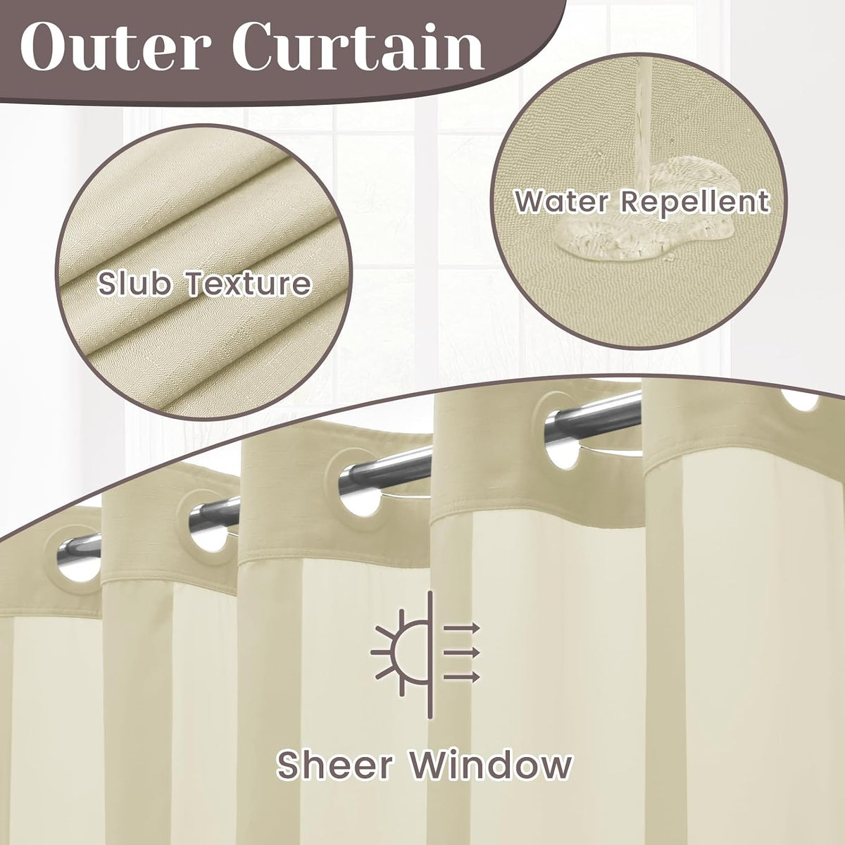 Ringless Slub Shower Curtain with Snap in Liner, 71x74, Black - Colors B