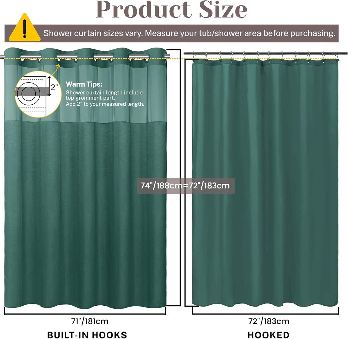 Ringless Slub Shower Curtain with Snap in Liner, 71x74, Black - Colors B