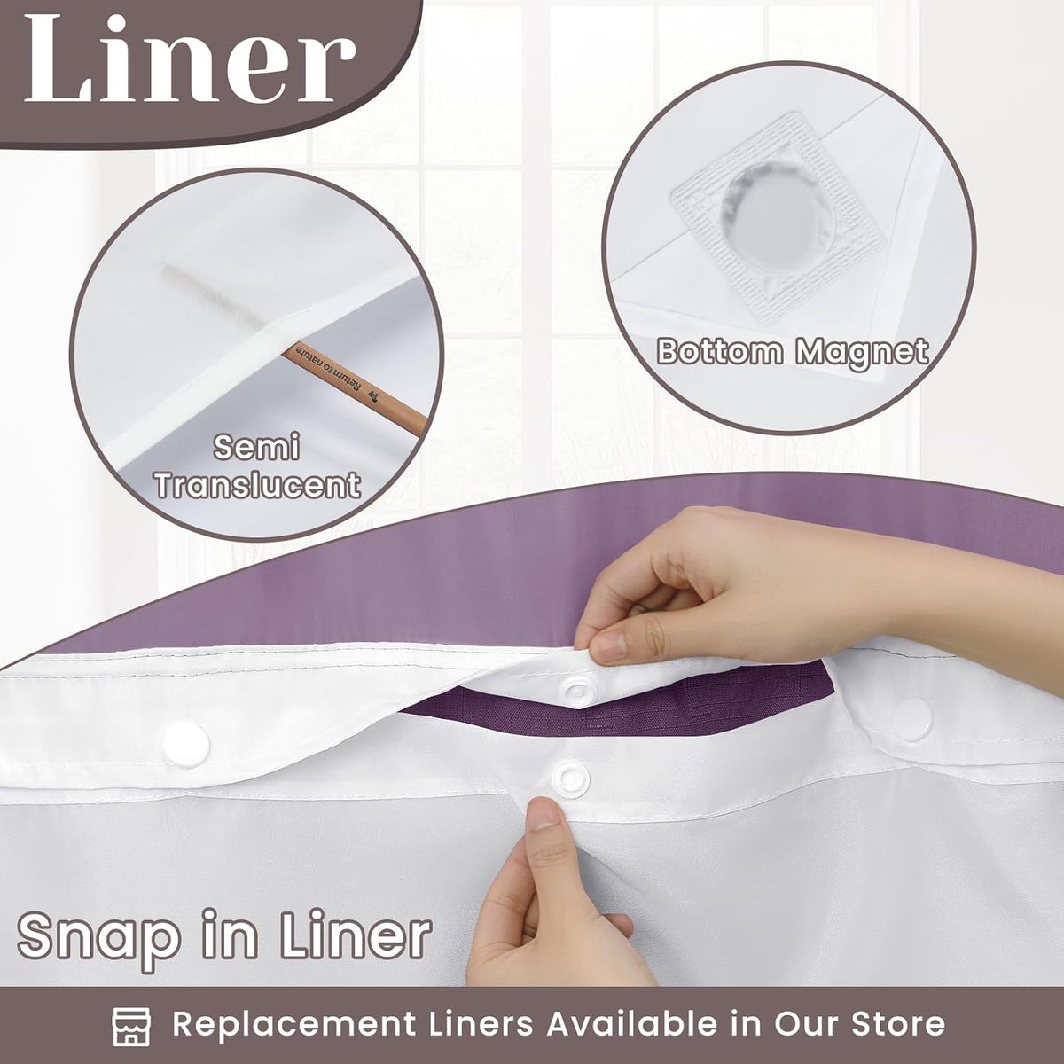 Ringless Slub Shower Curtain with Snap in Liner, 71x74, Black - Colors B