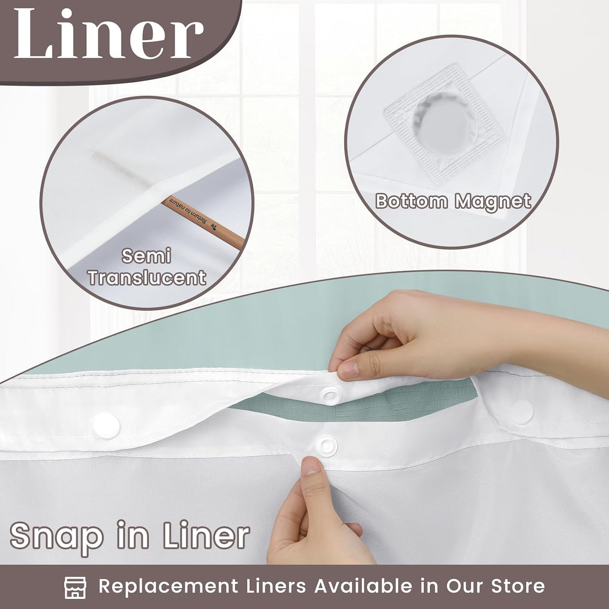 Ringless Slub Shower Curtain with Snap in Liner, 71x74, Black - Colors B