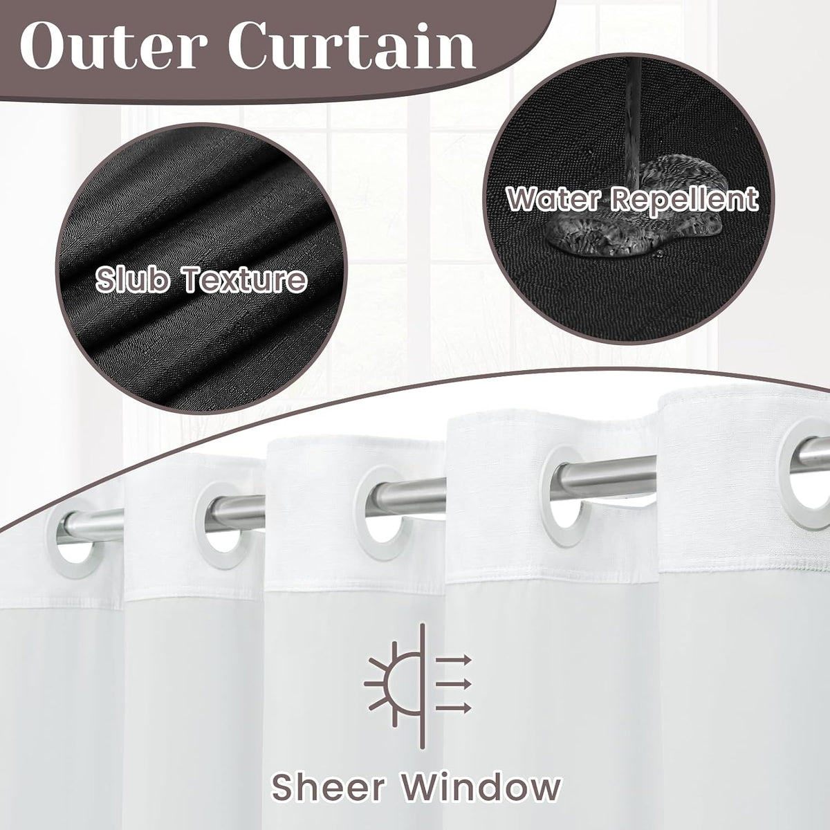 Ringless Slub Shower Curtain with Snap in Liner, 71x74, Black - Colors B