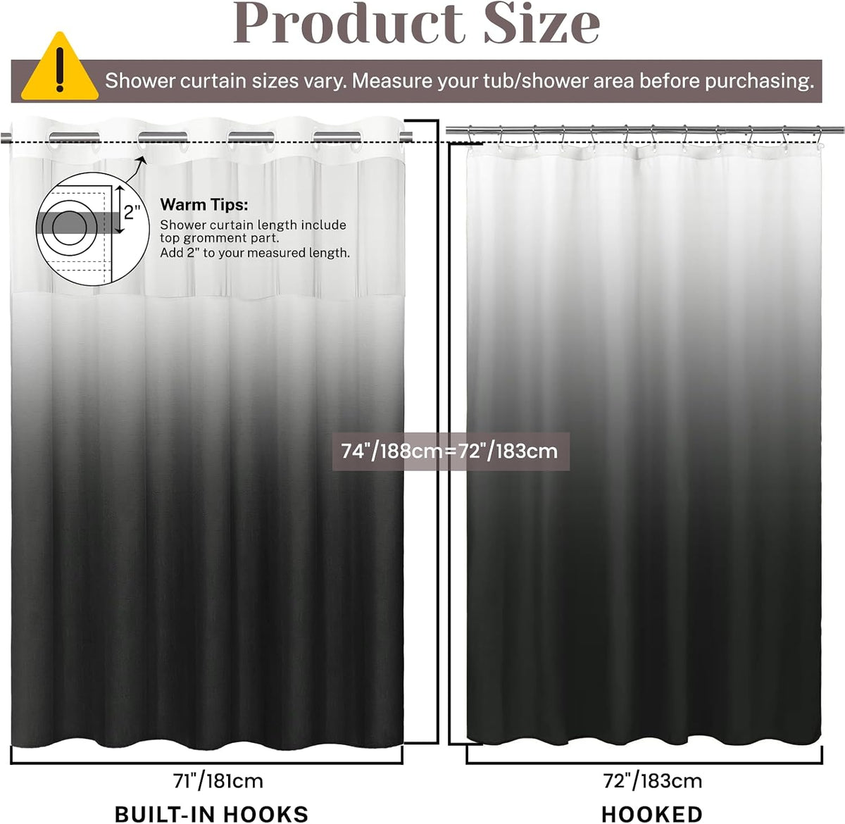 Ringless Slub Shower Curtain with Snap in Liner, 71x74, Black - Colors B