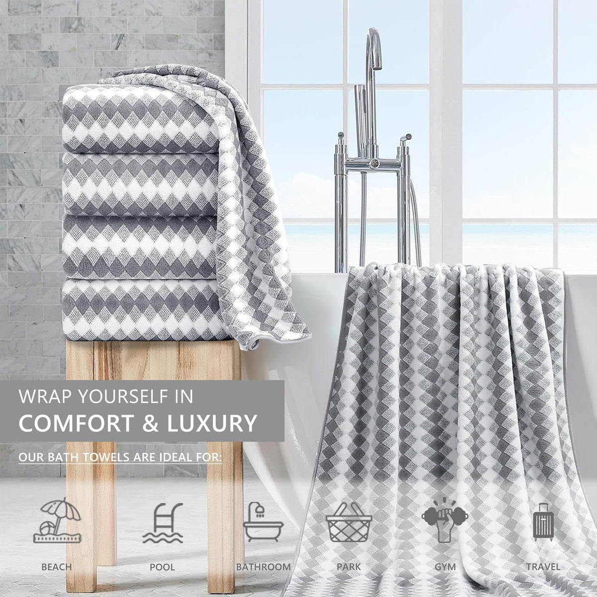 Bath Towel Set Gray 4Pack-35x70 Towel,600GSM Ultra Soft Microfibers Bathroom Towel Set Extra Large Plush Bath Sheet Towel,Highly Absorbent Quick Dry Oversized Towels Spa Hotel Luxury Shower Towels