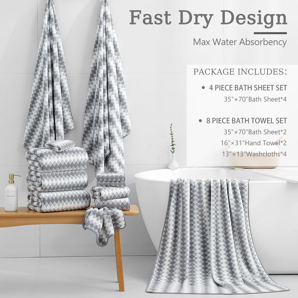 Bath Towel Set Gray 4Pack-35x70 Towel,600GSM Ultra Soft Microfibers Bathroom Towel Set Extra Large Plush Bath Sheet Towel,Highly Absorbent Quick Dry Oversized Towels Spa Hotel Luxury Shower Towels