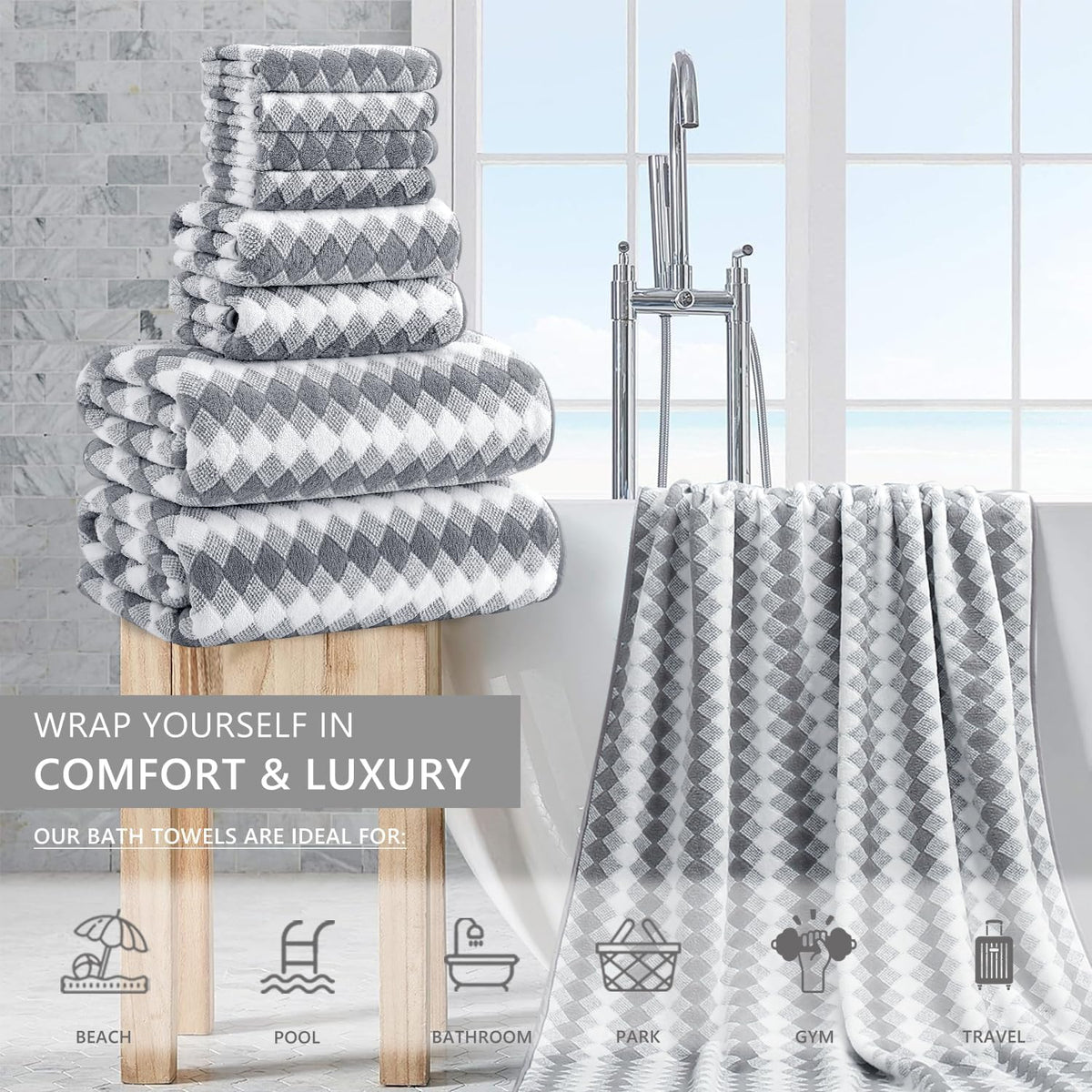 Bath Towel Set Gray 4Pack-35x70 Towel,600GSM Ultra Soft Microfibers Bathroom Towel Set Extra Large Plush Bath Sheet Towel,Highly Absorbent Quick Dry Oversized Towels Spa Hotel Luxury Shower Towels