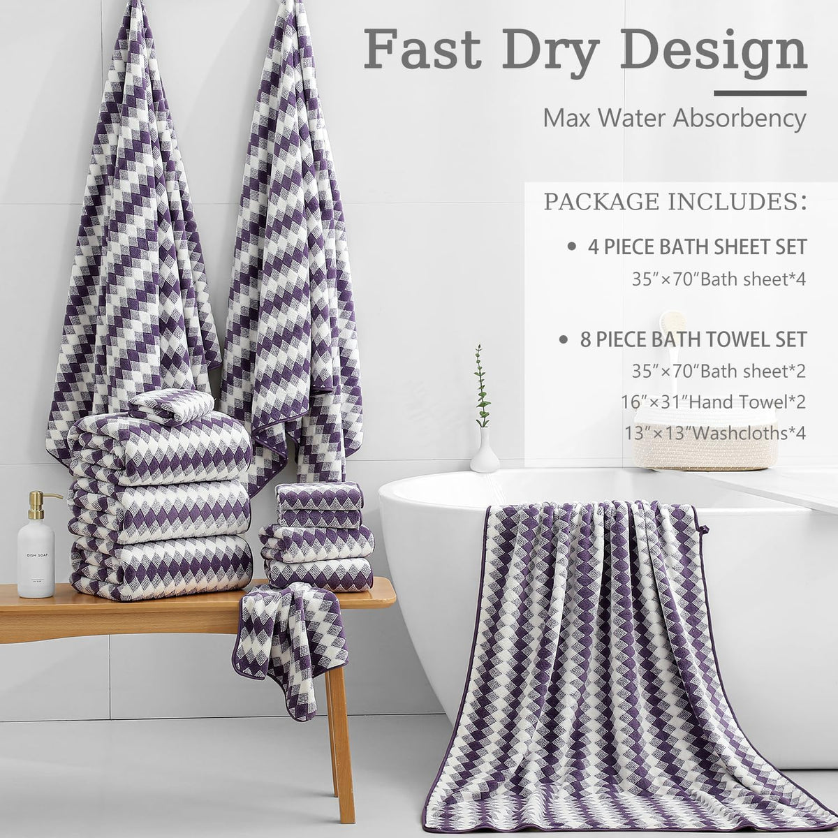 Bath Towel Set Gray 4Pack-35x70 Towel,600GSM Ultra Soft Microfibers Bathroom Towel Set Extra Large Plush Bath Sheet Towel,Highly Absorbent Quick Dry Oversized Towels Spa Hotel Luxury Shower Towels