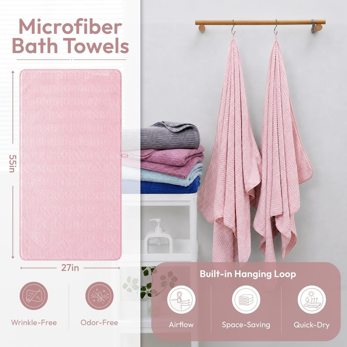 Microfiber Bath Towel (30" x 60"), Oversized Thick Towels, Soft, Super Absorbent and Fast Drying, No Fading Multipurpose Use for Sports, Travel, Fitness, Yoga, 30 in 60 in, Grey Count | Microfiber, Hanging Loop, Oversized, Soft & Absorbent, Fast