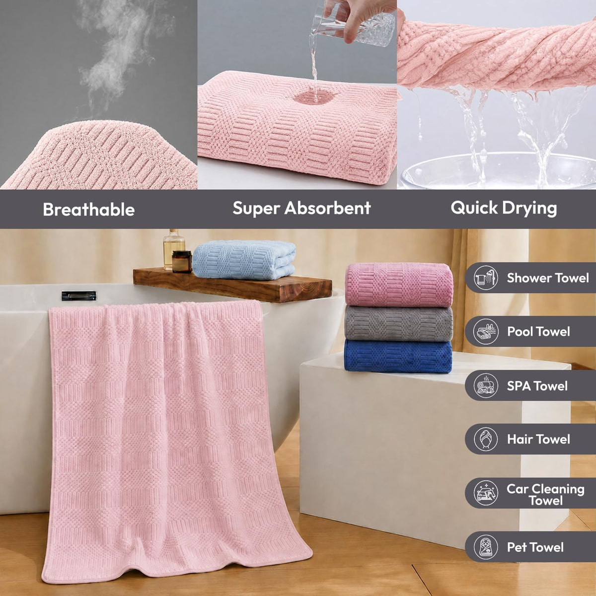 Microfiber Bath Towel (30" x 60"), Oversized Thick Towels, Soft, Super Absorbent and Fast Drying, No Fading Multipurpose Use for Sports, Travel, Fitness, Yoga, 30 in 60 in, Grey Count | Microfiber, Hanging Loop, Oversized, Soft & Absorbent, Fast