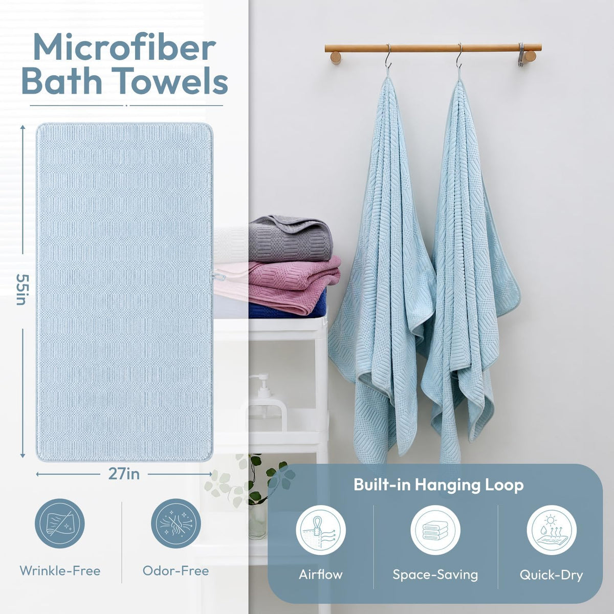 Microfiber Bath Towel (30" x 60"), Oversized Thick Towels, Soft, Super Absorbent and Fast Drying, No Fading Multipurpose Use for Sports, Travel, Fitness, Yoga, 30 in 60 in, Grey Count | Microfiber, Hanging Loop, Oversized, Soft & Absorbent, Fast