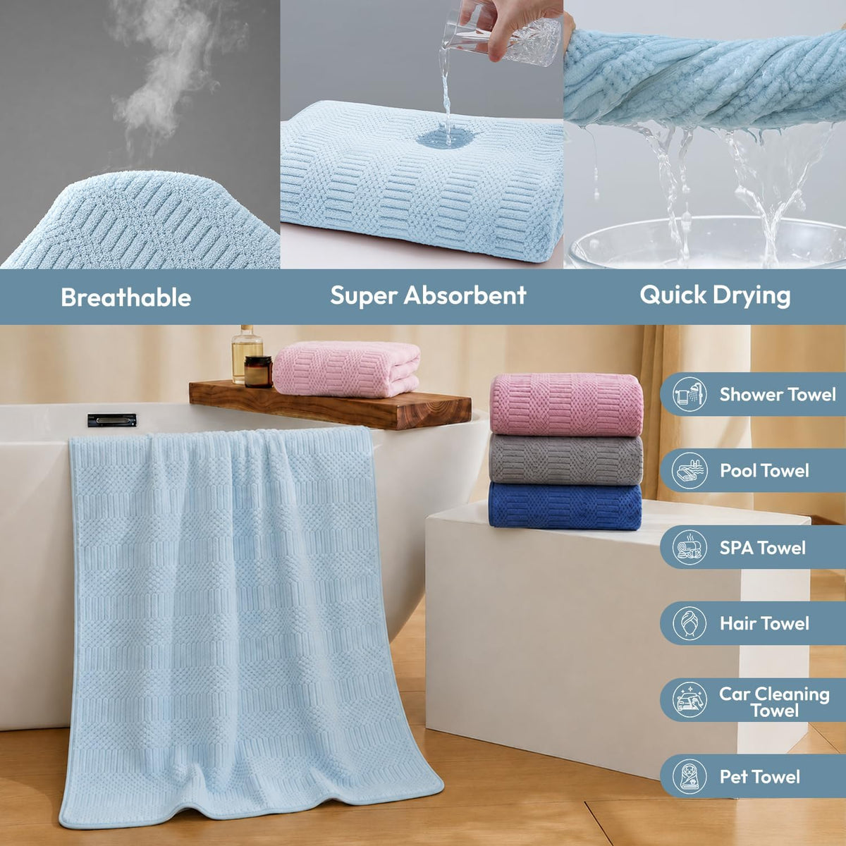 Microfiber Bath Towel (30" x 60"), Oversized Thick Towels, Soft, Super Absorbent and Fast Drying, No Fading Multipurpose Use for Sports, Travel, Fitness, Yoga, 30 in 60 in, Grey Count | Microfiber, Hanging Loop, Oversized, Soft & Absorbent, Fast
