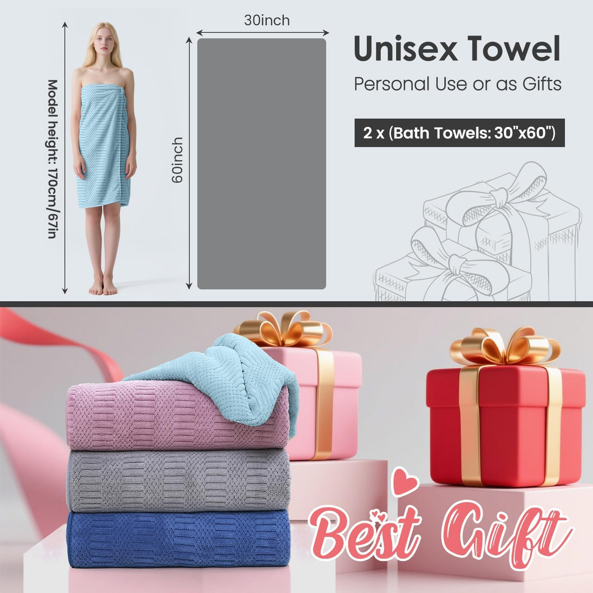 Microfiber Bath Towel (30" x 60"), Oversized Thick Towels, Soft, Super Absorbent and Fast Drying, No Fading Multipurpose Use for Sports, Travel, Fitness, Yoga, 30 in 60 in, Grey Count | Microfiber, Hanging Loop, Oversized, Soft & Absorbent, Fast
