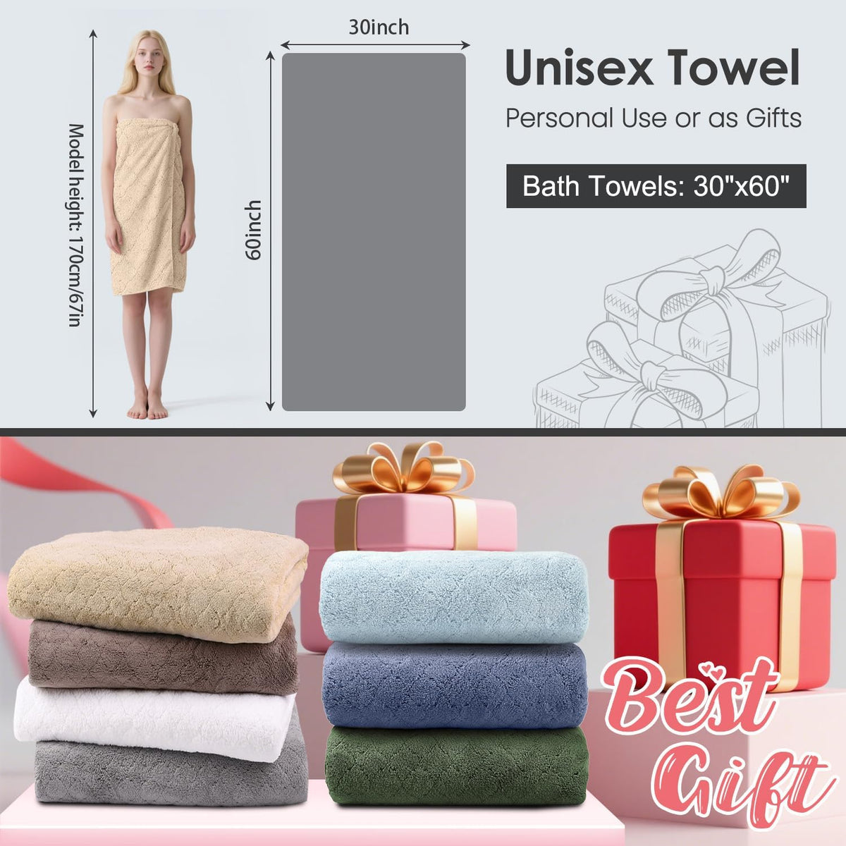 Microfiber Bath Towel (30" x 60"), Oversized Thick Towels, Soft, Super Absorbent and Fast Drying, No Fading Multipurpose Use for Sports, Travel, Fitness, Yoga, 30 in 60 in, Grey Count | Microfiber, Hanging Loop, Oversized, Soft & Absorbent, Fast