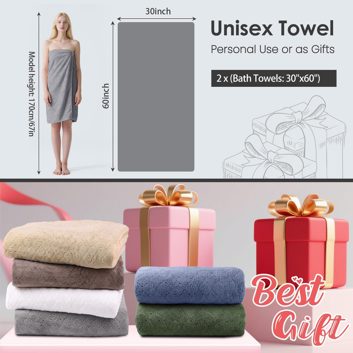 Microfiber Bath Towel (30" x 60"), Oversized Thick Towels, Soft, Super Absorbent and Fast Drying, No Fading Multipurpose Use for Sports, Travel, Fitness, Yoga, 30 in 60 in, Grey Count | Microfiber, Hanging Loop, Oversized, Soft & Absorbent, Fast