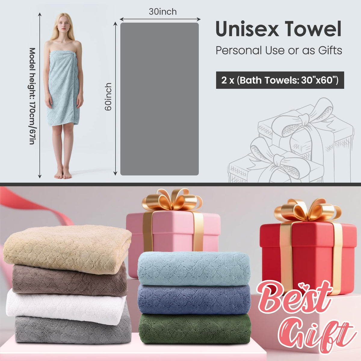 Microfiber Bath Towel (30" x 60"), Oversized Thick Towels, Soft, Super Absorbent and Fast Drying, No Fading Multipurpose Use for Sports, Travel, Fitness, Yoga, 30 in 60 in, Grey Count | Microfiber, Hanging Loop, Oversized, Soft & Absorbent, Fast