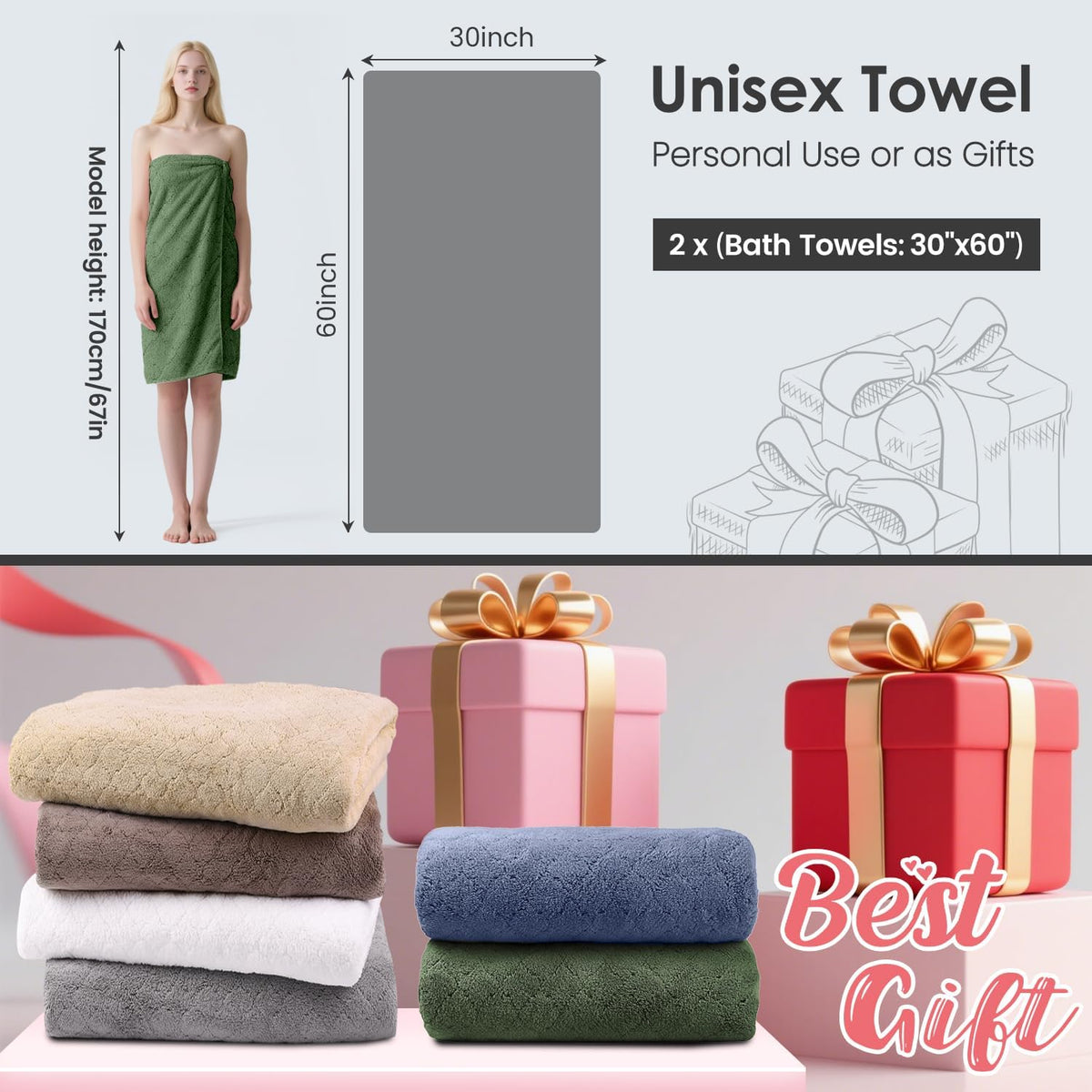 Microfiber Bath Towel (30" x 60"), Oversized Thick Towels, Soft, Super Absorbent and Fast Drying, No Fading Multipurpose Use for Sports, Travel, Fitness, Yoga, 30 in 60 in, Grey Count | Microfiber, Hanging Loop, Oversized, Soft & Absorbent, Fast