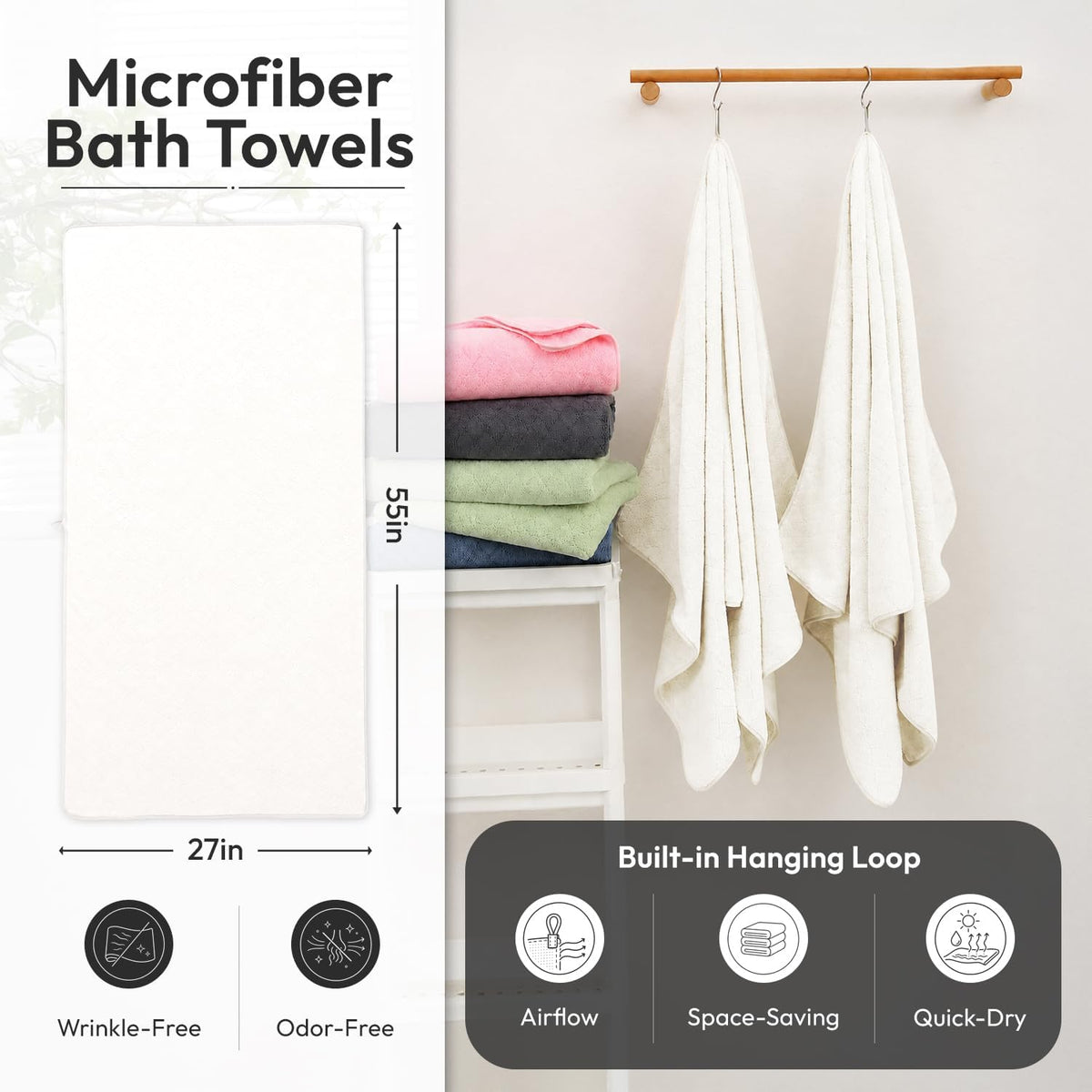 Microfiber Bath Towel (30" x 60"), Oversized Thick Towels, Soft, Super Absorbent and Fast Drying, No Fading Multipurpose Use for Sports, Travel, Fitness, Yoga, 30 in 60 in, Grey Count | Microfiber, Hanging Loop, Oversized, Soft & Absorbent, Fast