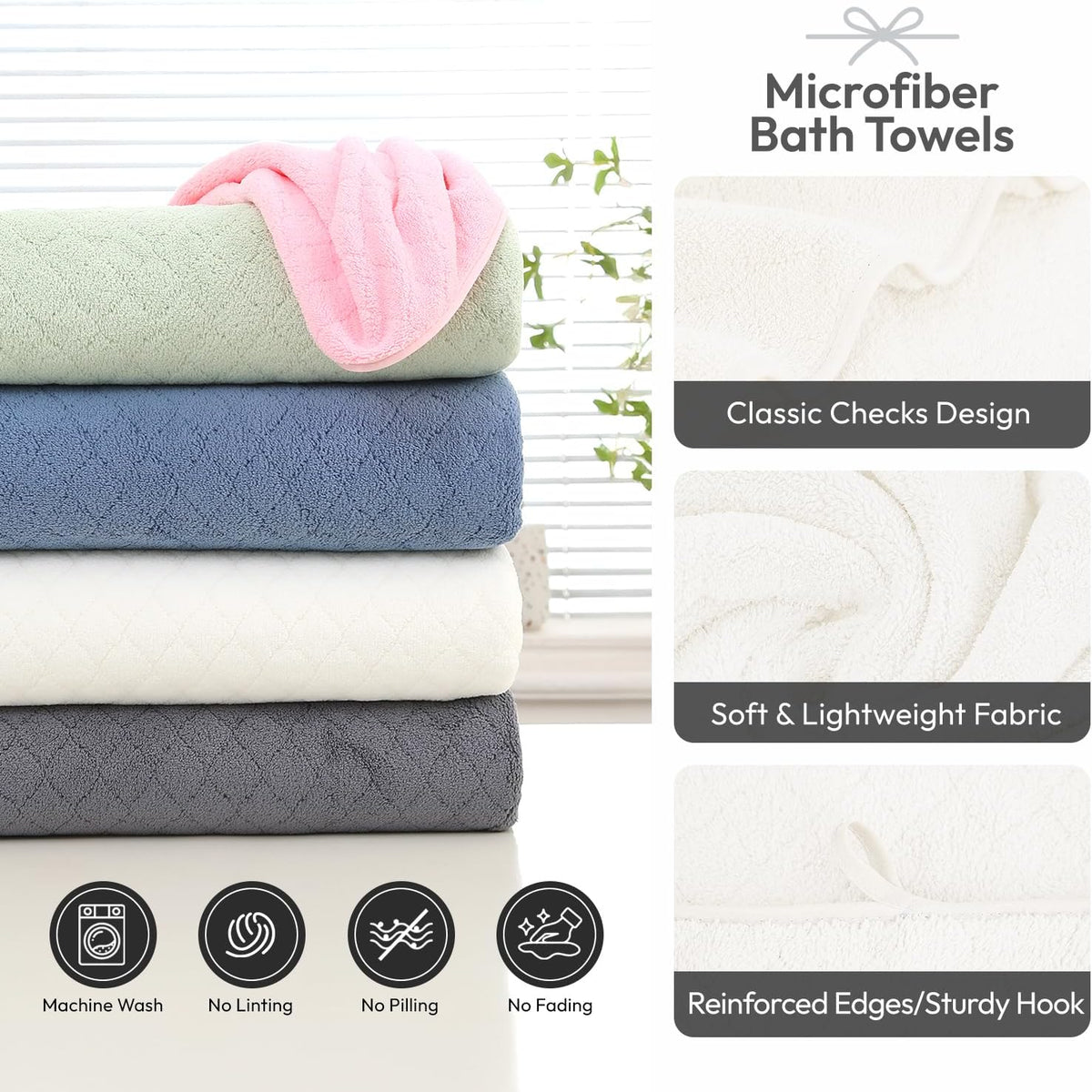 Microfiber Bath Towel (30" x 60"), Oversized Thick Towels, Soft, Super Absorbent and Fast Drying, No Fading Multipurpose Use for Sports, Travel, Fitness, Yoga, 30 in 60 in, Grey Count | Microfiber, Hanging Loop, Oversized, Soft & Absorbent, Fast