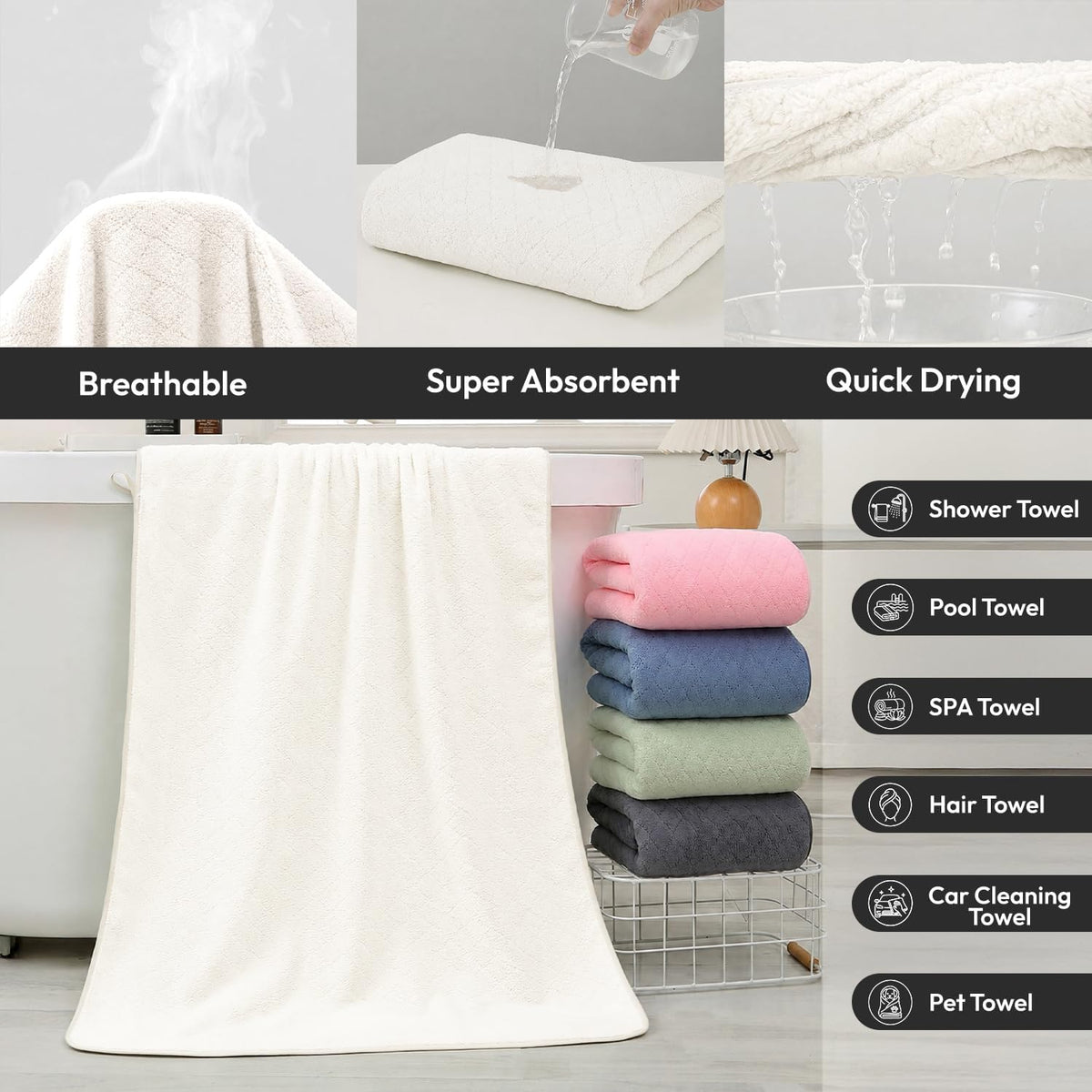 Microfiber Bath Towel (30" x 60"), Oversized Thick Towels, Soft, Super Absorbent and Fast Drying, No Fading Multipurpose Use for Sports, Travel, Fitness, Yoga, 30 in 60 in, Grey Count | Microfiber, Hanging Loop, Oversized, Soft & Absorbent, Fast