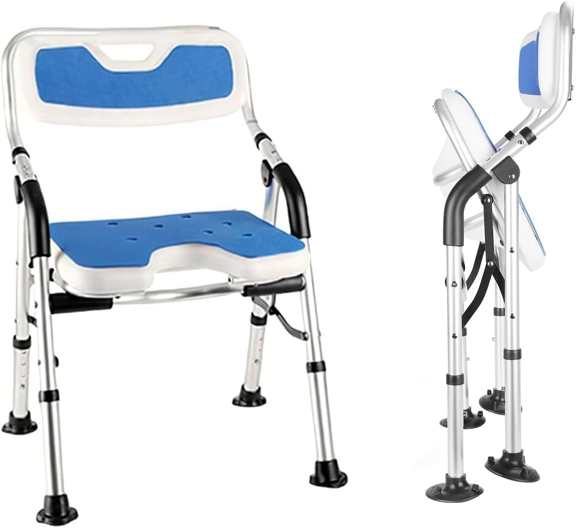 Foldable Shower Chair for Elderly and Disabled, Folding Shower Seat with Armrests and Back Height Adjustable, Aluminum Alloy Bath Seat for Inside Shower, 330lbs Capacity (Blue)