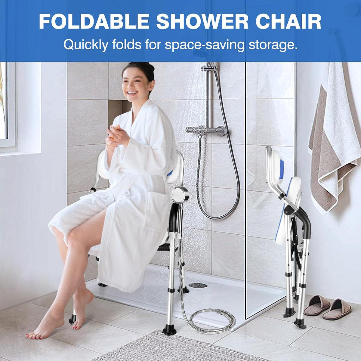 Foldable Shower Chair for Elderly and Disabled, Folding Shower Seat with Armrests and Back Height Adjustable, Aluminum Alloy Bath Seat for Inside Shower, 330lbs Capacity (Blue)