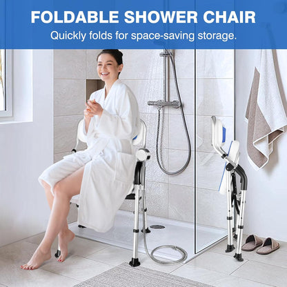 Foldable Shower Chair for Elderly and Disabled, Folding Shower Seat with Armrests and Back Height Adjustable, Aluminum Alloy Bath Seat for Inside Shower, 330lbs Capacity (Blue)