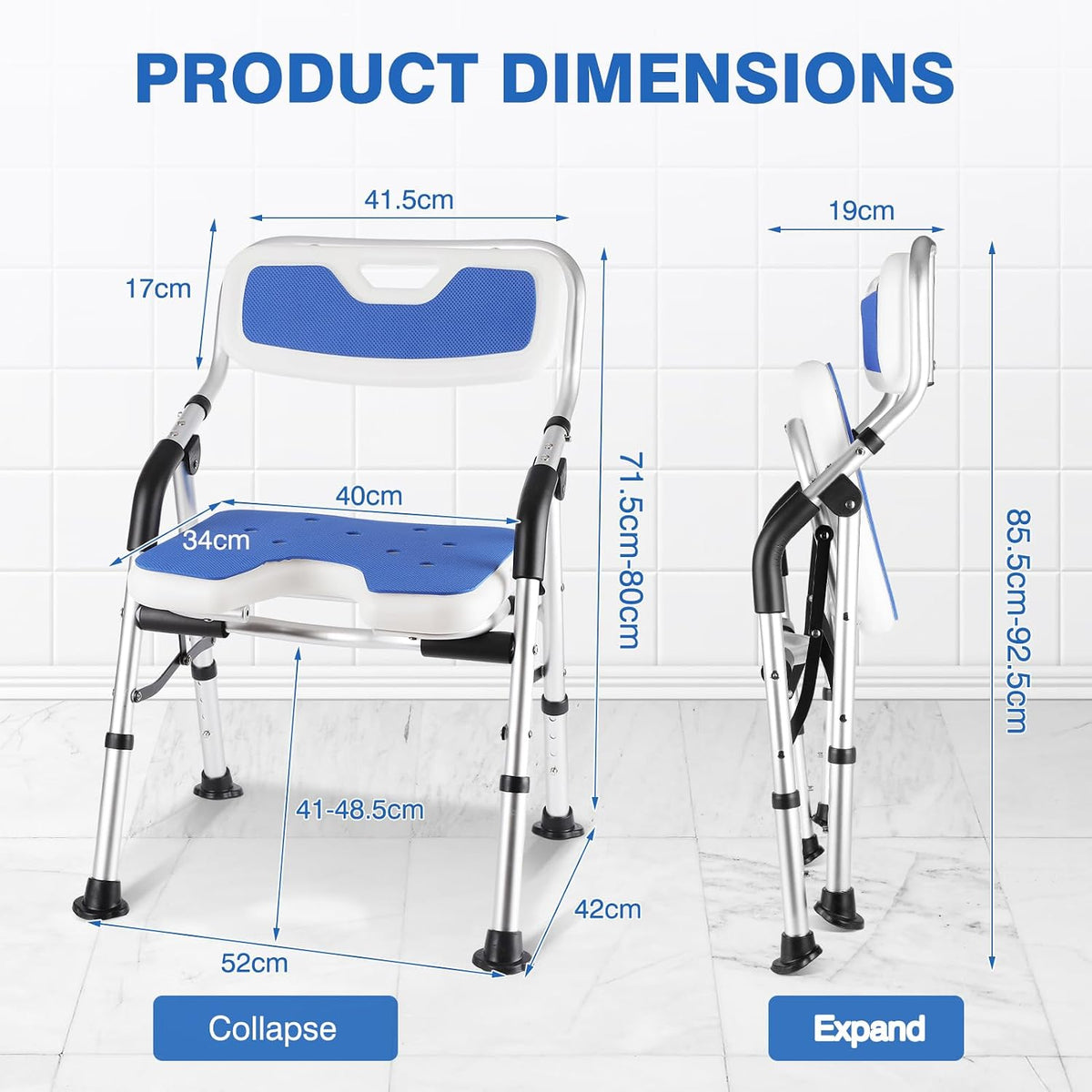 Foldable Shower Chair for Elderly and Disabled, Folding Shower Seat with Armrests and Back Height Adjustable, Aluminum Alloy Bath Seat for Inside Shower, 330lbs Capacity (Blue)
