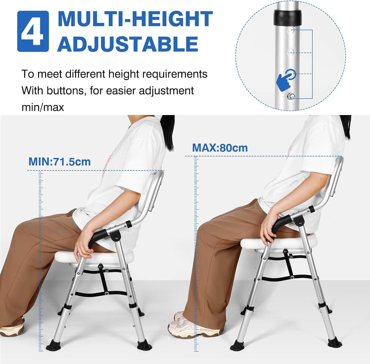 Foldable Shower Chair for Elderly and Disabled, Folding Shower Seat with Armrests and Back Height Adjustable, Aluminum Alloy Bath Seat for Inside Shower, 330lbs Capacity (Blue)