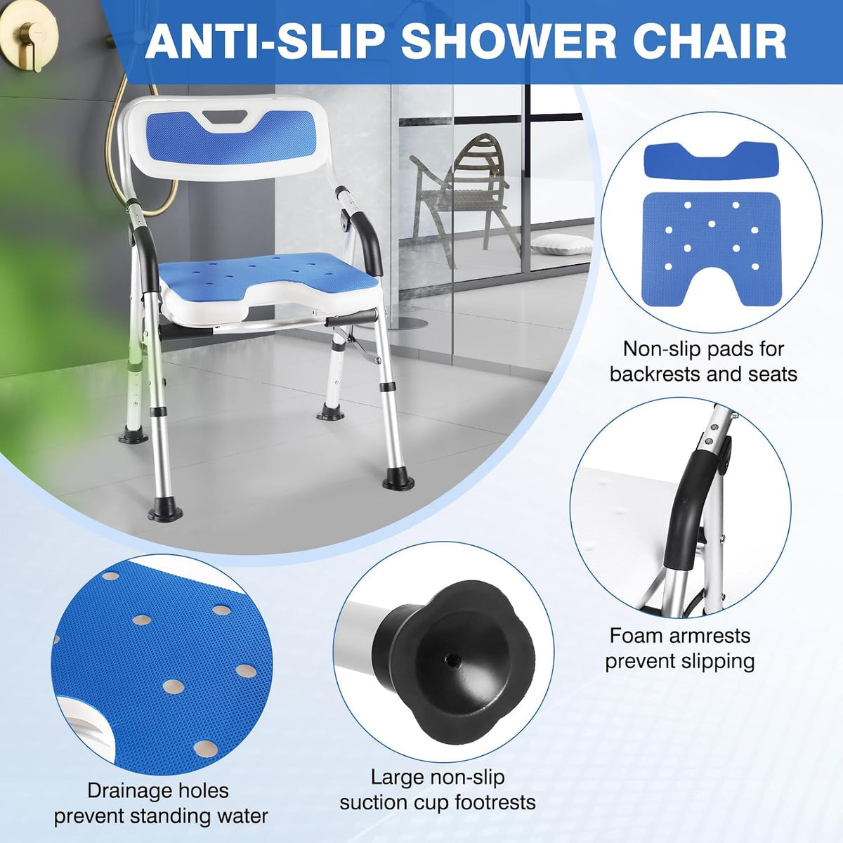 Foldable Shower Chair for Elderly and Disabled, Folding Shower Seat with Armrests and Back Height Adjustable, Aluminum Alloy Bath Seat for Inside Shower, 330lbs Capacity (Blue)