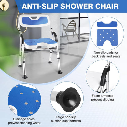 Foldable Shower Chair for Elderly and Disabled, Folding Shower Seat with Armrests and Back Height Adjustable, Aluminum Alloy Bath Seat for Inside Shower, 330lbs Capacity (Blue)