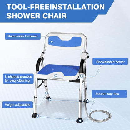 Foldable Shower Chair for Elderly and Disabled, Folding Shower Seat with Armrests and Back Height Adjustable, Aluminum Alloy Bath Seat for Inside Shower, 330lbs Capacity (Blue)