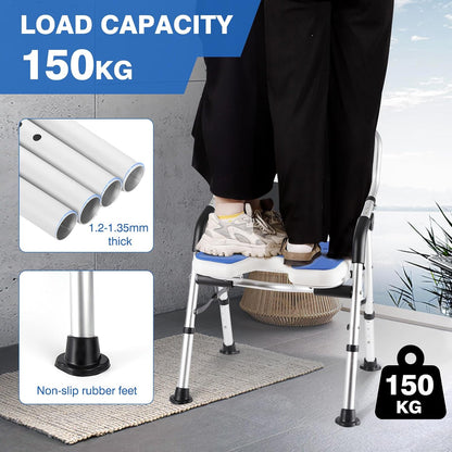 Foldable Shower Chair for Elderly and Disabled, Folding Shower Seat with Armrests and Back Height Adjustable, Aluminum Alloy Bath Seat for Inside Shower, 330lbs Capacity (Blue)