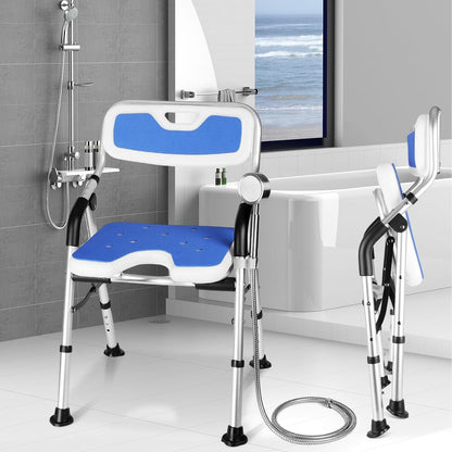 Foldable Shower Chair for Elderly and Disabled, Folding Shower Seat with Armrests and Back Height Adjustable, Aluminum Alloy Bath Seat for Inside Shower, 330lbs Capacity (Blue)