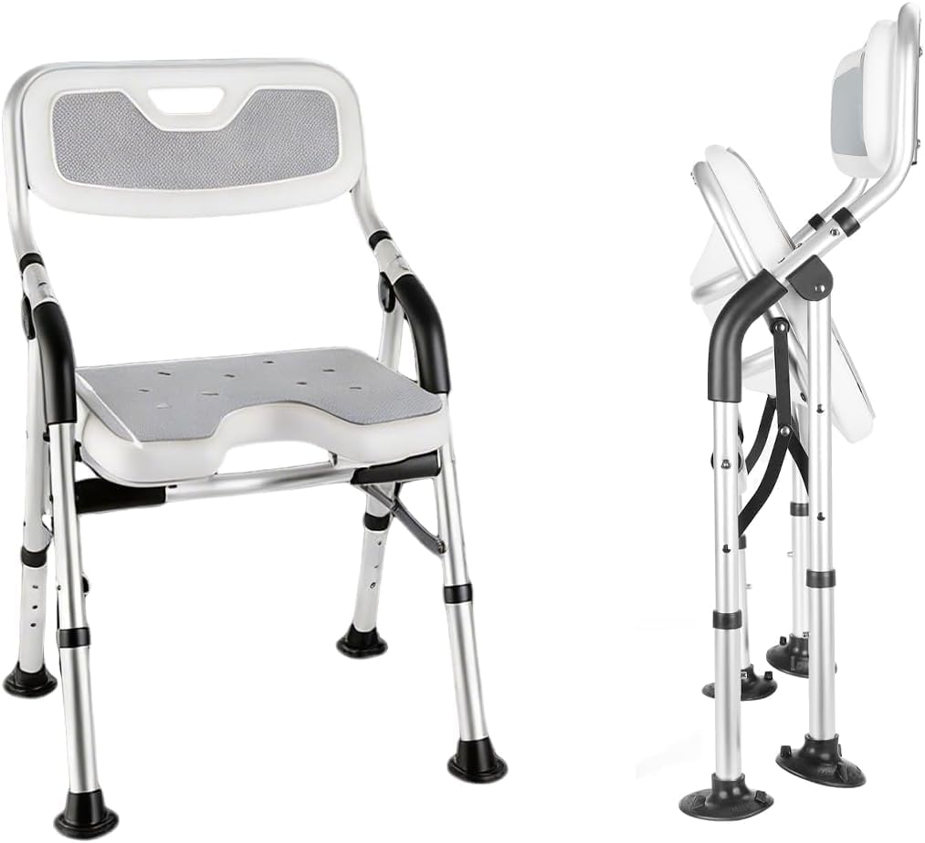 Foldable Shower Chair for Elderly and Disabled, Folding Shower Seat with Armrests and Back Height Adjustable, Aluminum Alloy Bath Seat for Inside Shower, 330lbs Capacity (Blue)