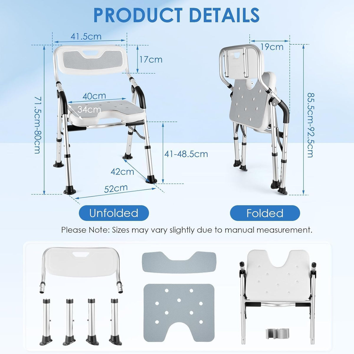 Foldable Shower Chair for Elderly and Disabled, Folding Shower Seat with Armrests and Back Height Adjustable, Aluminum Alloy Bath Seat for Inside Shower, 330lbs Capacity (Blue)