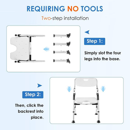 Foldable Shower Chair for Elderly and Disabled, Folding Shower Seat with Armrests and Back Height Adjustable, Aluminum Alloy Bath Seat for Inside Shower, 330lbs Capacity (Blue)