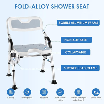 Foldable Shower Chair for Elderly and Disabled, Folding Shower Seat with Armrests and Back Height Adjustable, Aluminum Alloy Bath Seat for Inside Shower, 330lbs Capacity (Blue)
