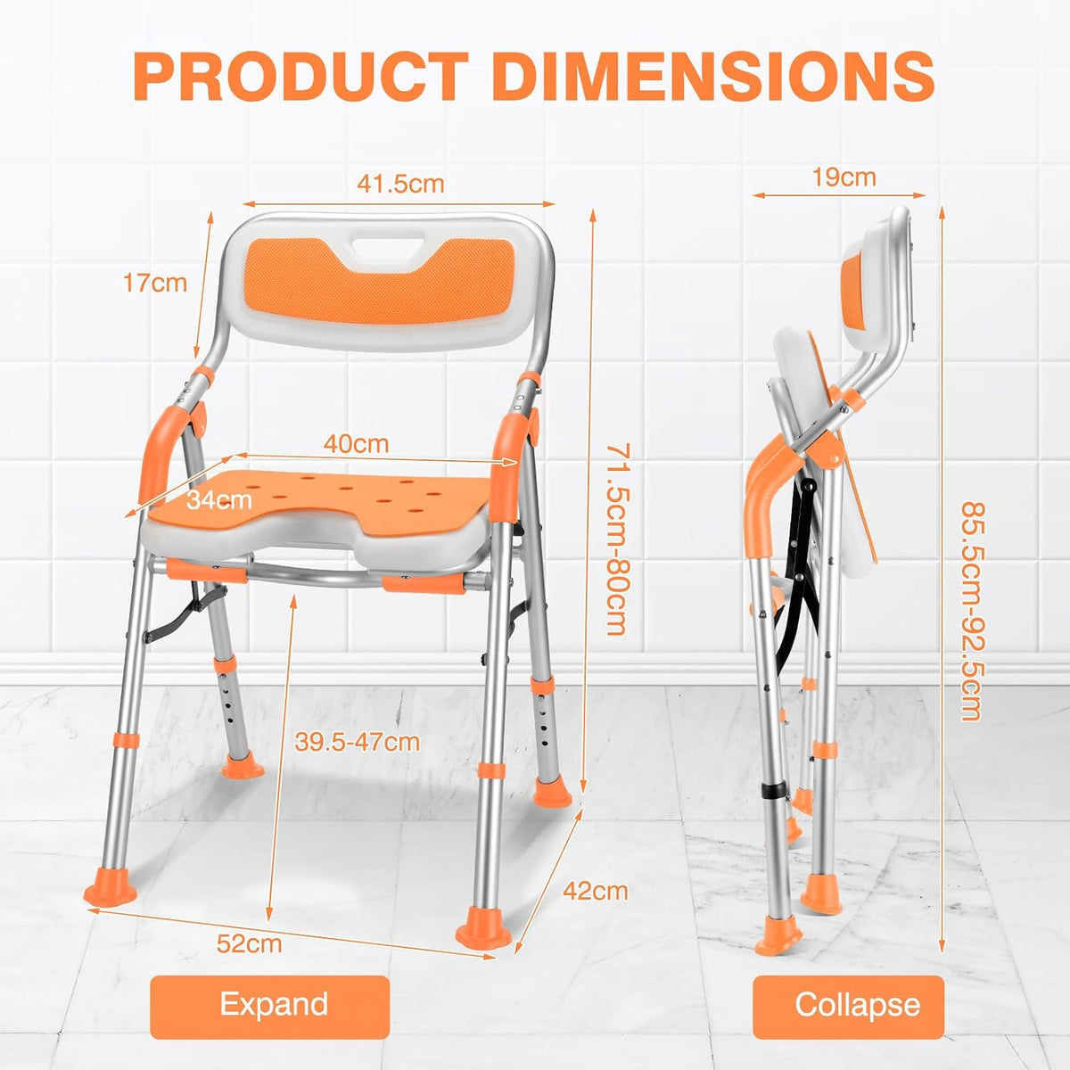 Foldable Shower Chair for Elderly and Disabled, Folding Shower Seat with Armrests and Back Height Adjustable, Aluminum Alloy Bath Seat for Inside Shower, 330lbs Capacity (Blue)