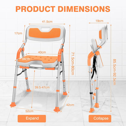 Foldable Shower Chair for Elderly and Disabled, Folding Shower Seat with Armrests and Back Height Adjustable, Aluminum Alloy Bath Seat for Inside Shower, 330lbs Capacity (Blue)
