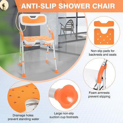 Foldable Shower Chair for Elderly and Disabled, Folding Shower Seat with Armrests and Back Height Adjustable, Aluminum Alloy Bath Seat for Inside Shower, 330lbs Capacity (Blue)