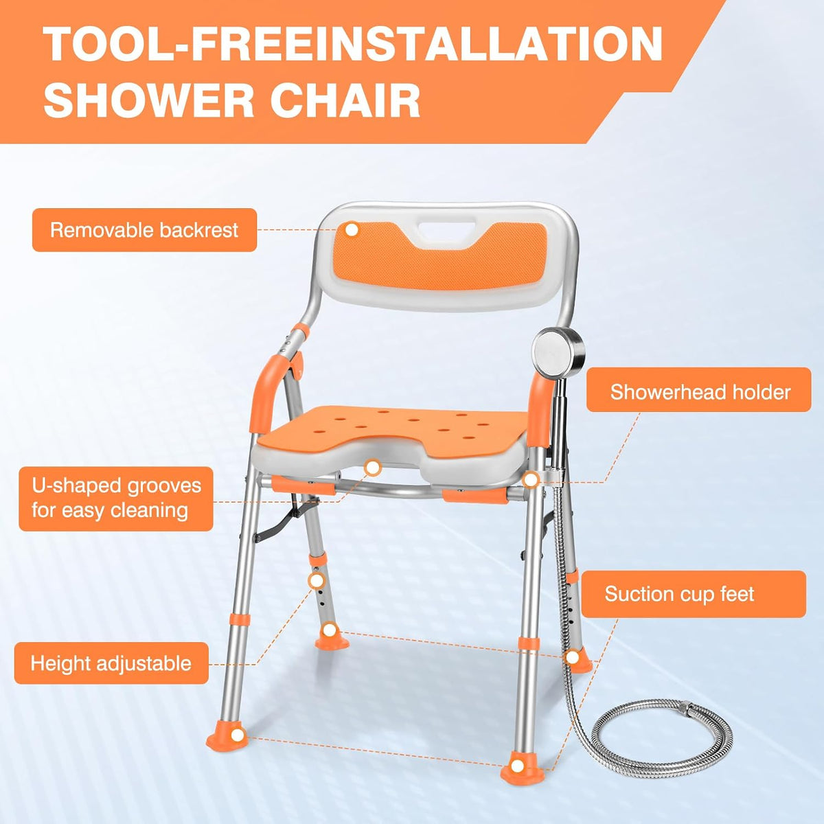 Foldable Shower Chair for Elderly and Disabled, Folding Shower Seat with Armrests and Back Height Adjustable, Aluminum Alloy Bath Seat for Inside Shower, 330lbs Capacity (Blue)