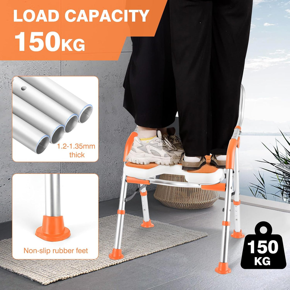 Foldable Shower Chair for Elderly and Disabled, Folding Shower Seat with Armrests and Back Height Adjustable, Aluminum Alloy Bath Seat for Inside Shower, 330lbs Capacity (Blue)