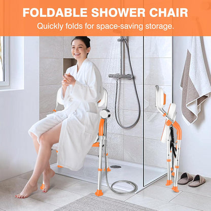 Foldable Shower Chair for Elderly and Disabled, Folding Shower Seat with Armrests and Back Height Adjustable, Aluminum Alloy Bath Seat for Inside Shower, 330lbs Capacity (Blue)