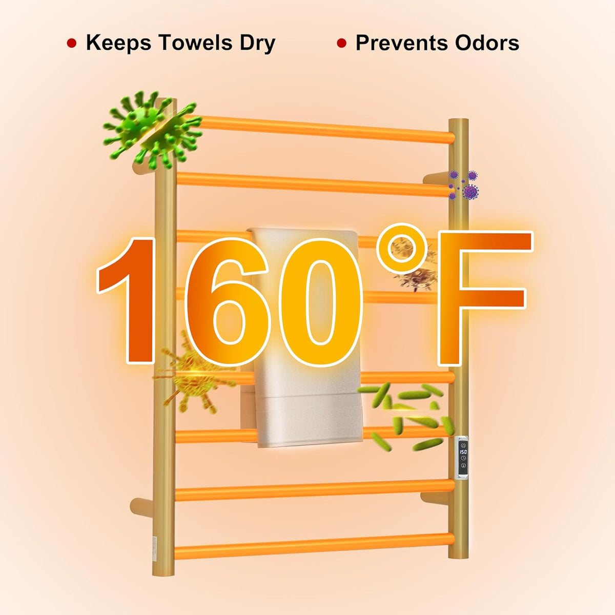 Heated Towel Racks for Bathroom, Wall Mounted Electric Towel Warmer Racks with Timer & Temperature Control, 10 Bar Stainless Steel Towel Heater for Bathroom (Round-Brushed Gold, 10 Bars)