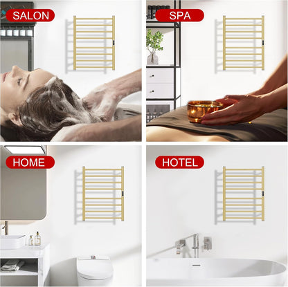 Heated Towel Racks for Bathroom, Wall Mounted Electric Towel Warmer Racks with Timer & Temperature Control, 10 Bar Stainless Steel Towel Heater for Bathroom (Round-Brushed Gold, 10 Bars)